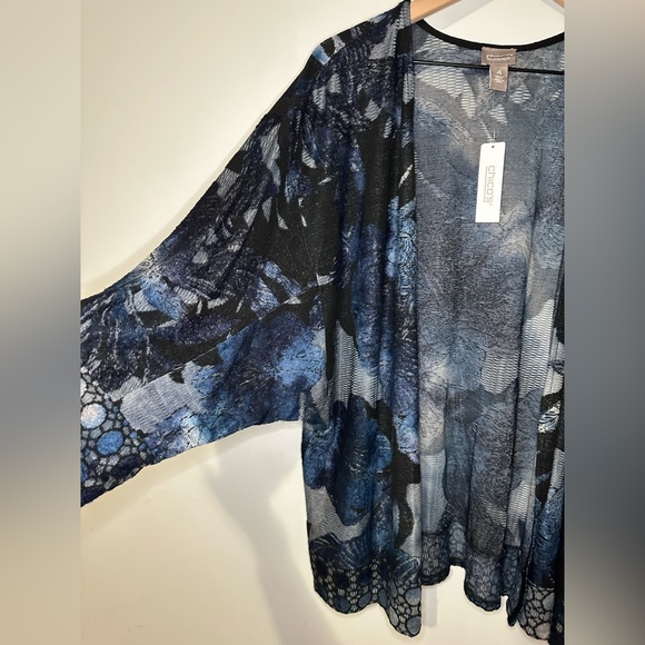 Chico's Knit Jacquard Duster Open Front Cardigan XXL Blue Burnout Knit Elbow SLV - Picture 2 of 11